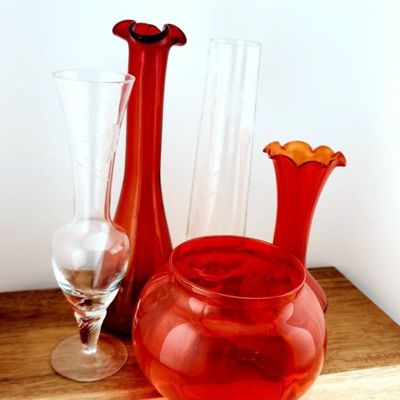 Lot of 5 Unique Vintage Art Glass Blown Vases mismatched color mixed styles - Picture 2 of 10